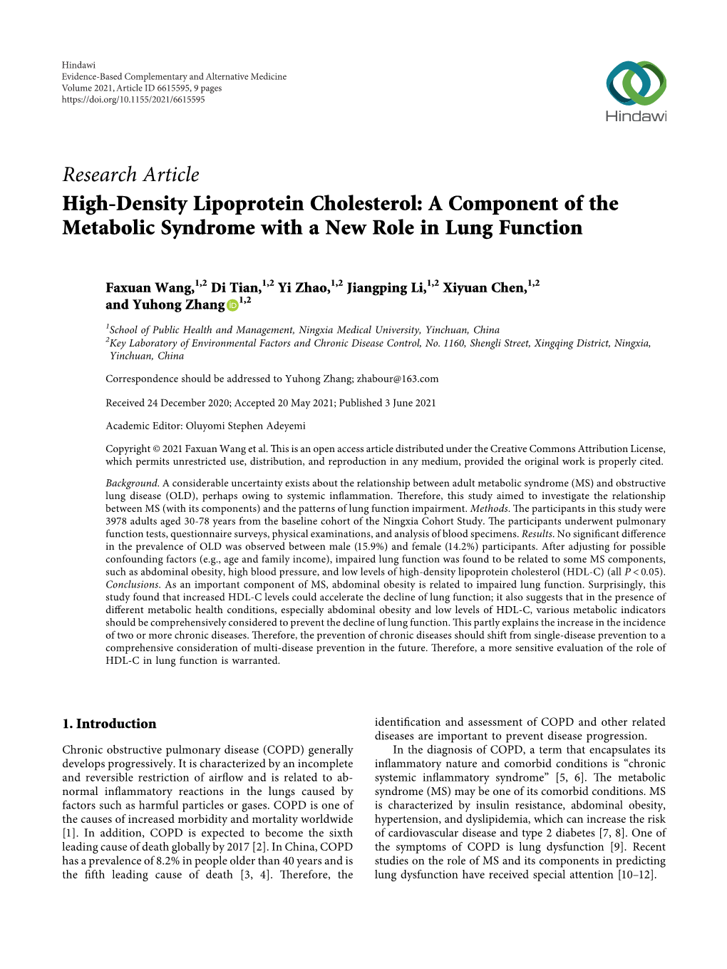 High-Density Lipoprotein Cholesterol: a Component of the Metabolic Syndrome with a New Role in Lung Function