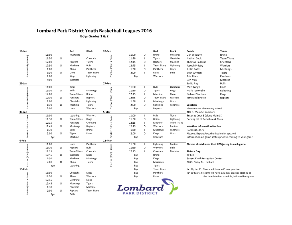 Lombard Park District Youth Basketball Leagues 2016 Boys Grades 1 & 2