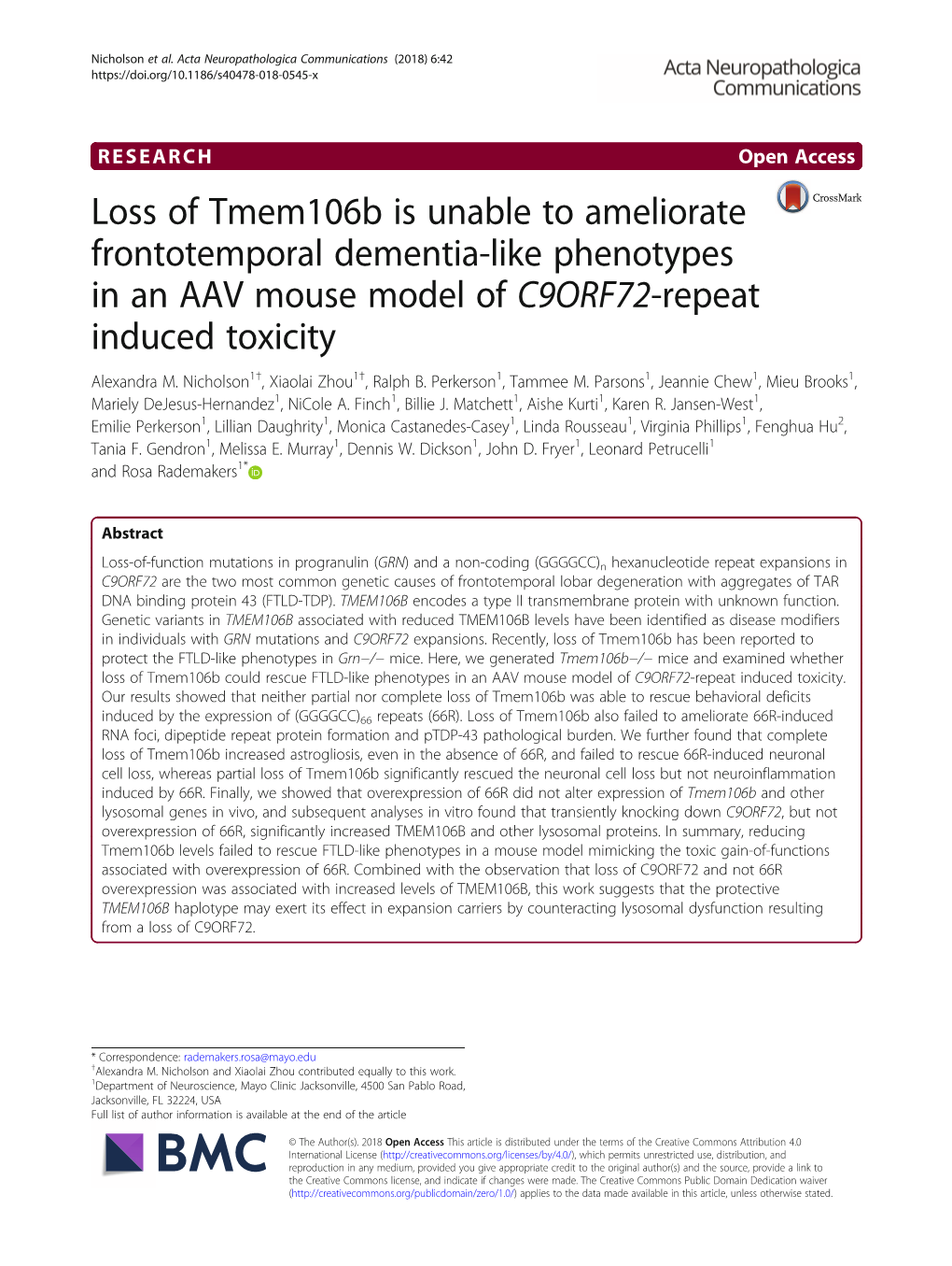 Loss of Tmem106b Is Unable to Ameliorate Frontotemporal Dementia-Like Phenotypes in an AAV Mouse Model of C9ORF72-Repeat Induced Toxicity Alexandra M