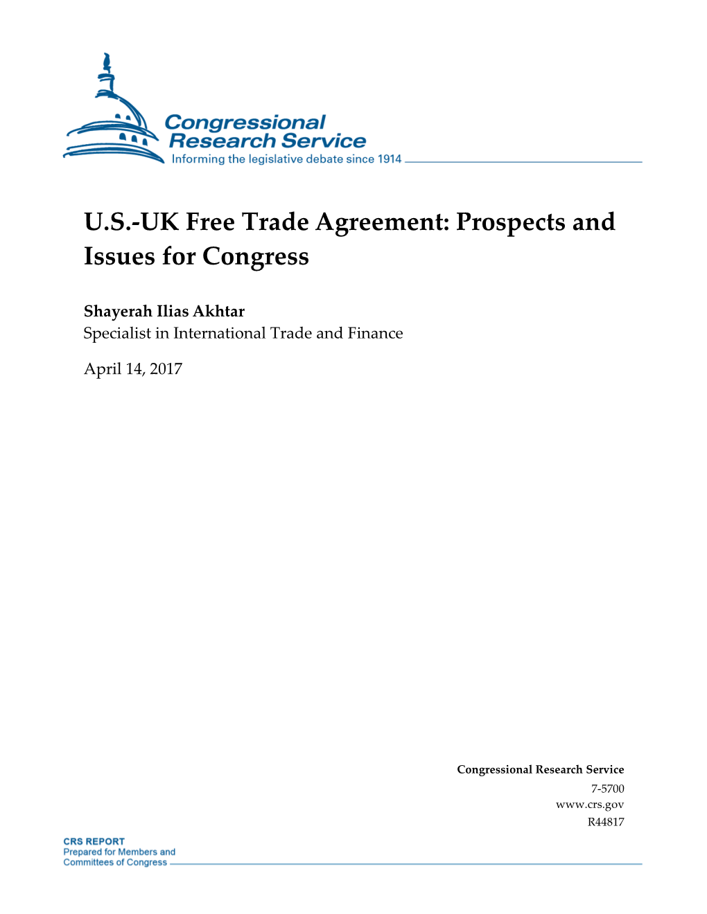 U.S.-UK Free Trade Agreement: Prospects and Issues for Congress