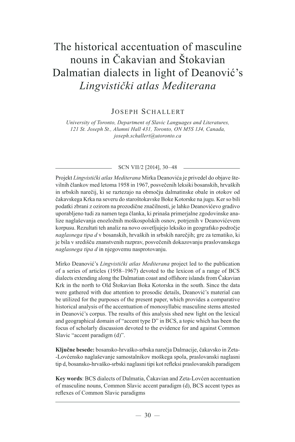 The Historical Accentuation of Masculine Nouns in Čakavian and Štokavian Dalmatian Dialects in Light of Deanović’S Lingvistički Atlas Mediterana