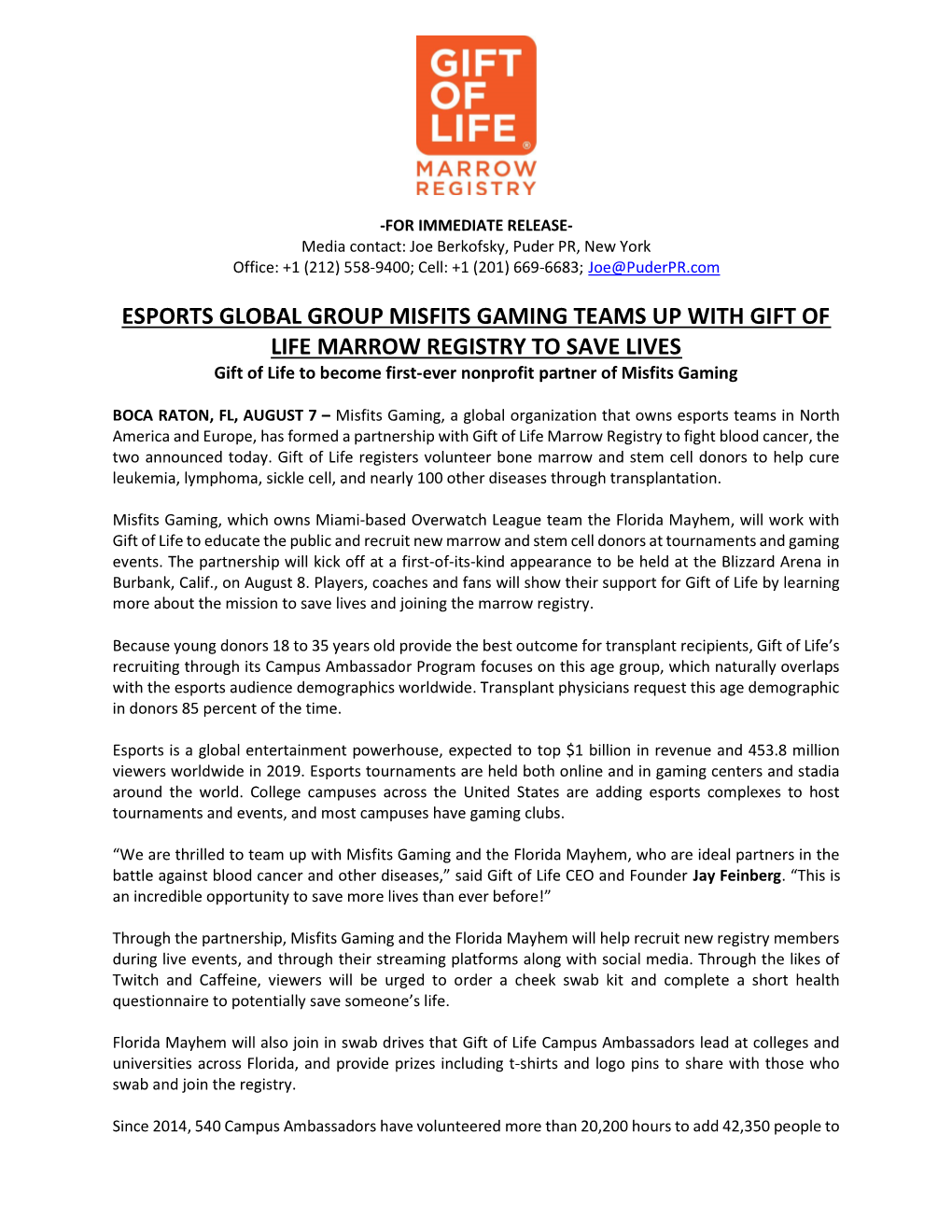 ESPORTS GLOBAL GROUP MISFITS GAMING TEAMS up with GIFT of LIFE MARROW REGISTRY to SAVE LIVES Gift of Life to Become First-Ever Nonprofit Partner of Misfits Gaming