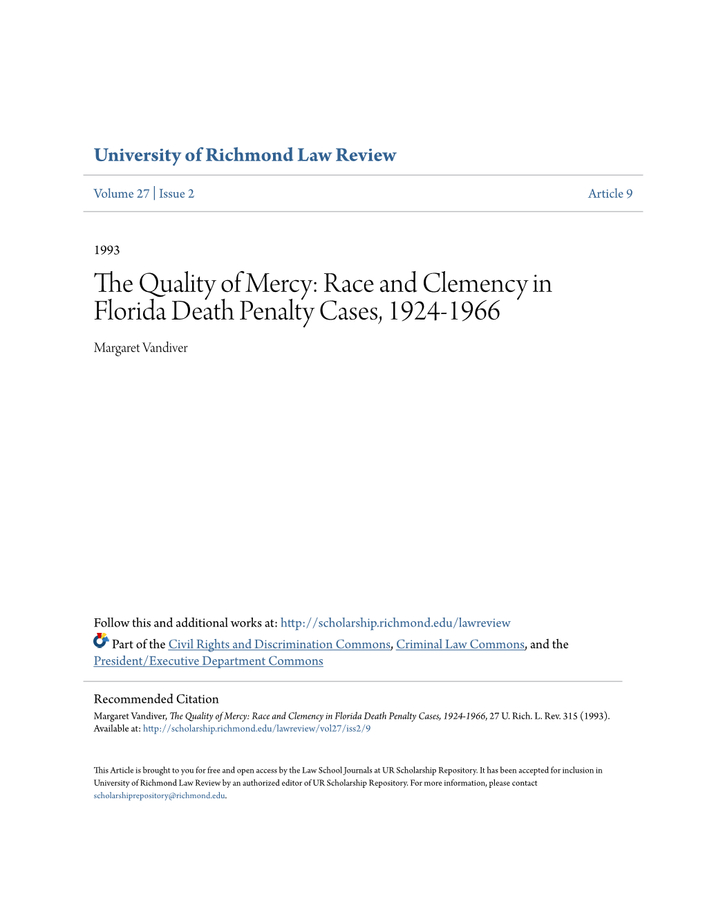 Race and Clemency in Florida Death Penalty Cases, 1924-1966 Margaret Vandiver