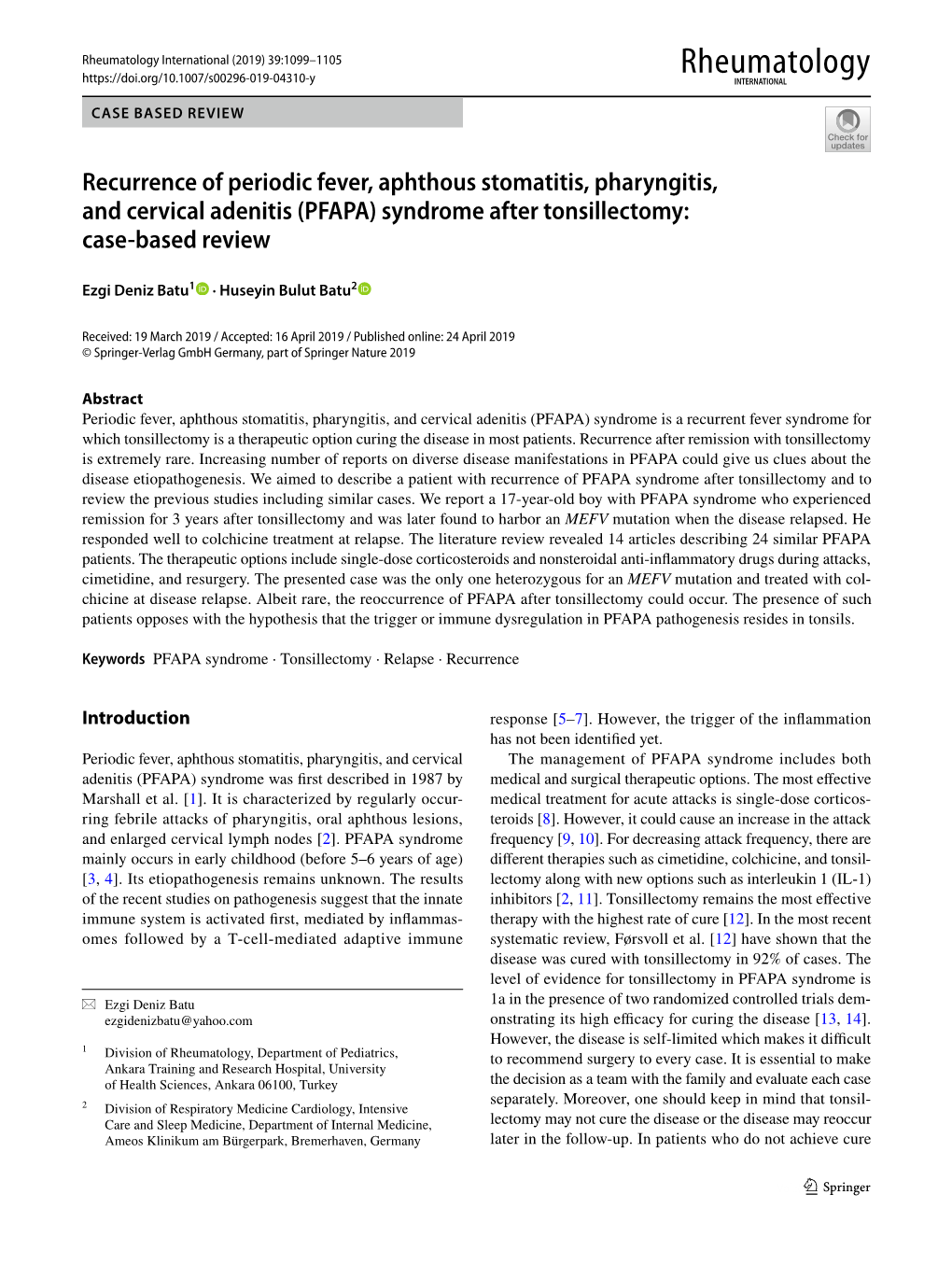 PFAPA) Syndrome After Tonsillectomy: Case‑Based Review