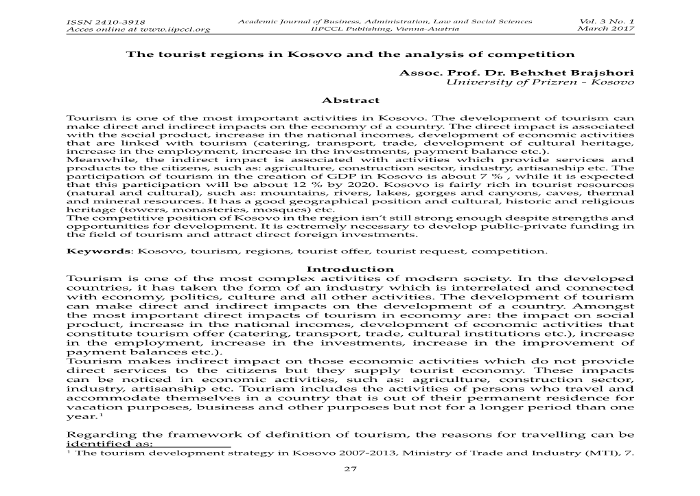 The Tourist Regions in Kosovo and the Analysis of Competition