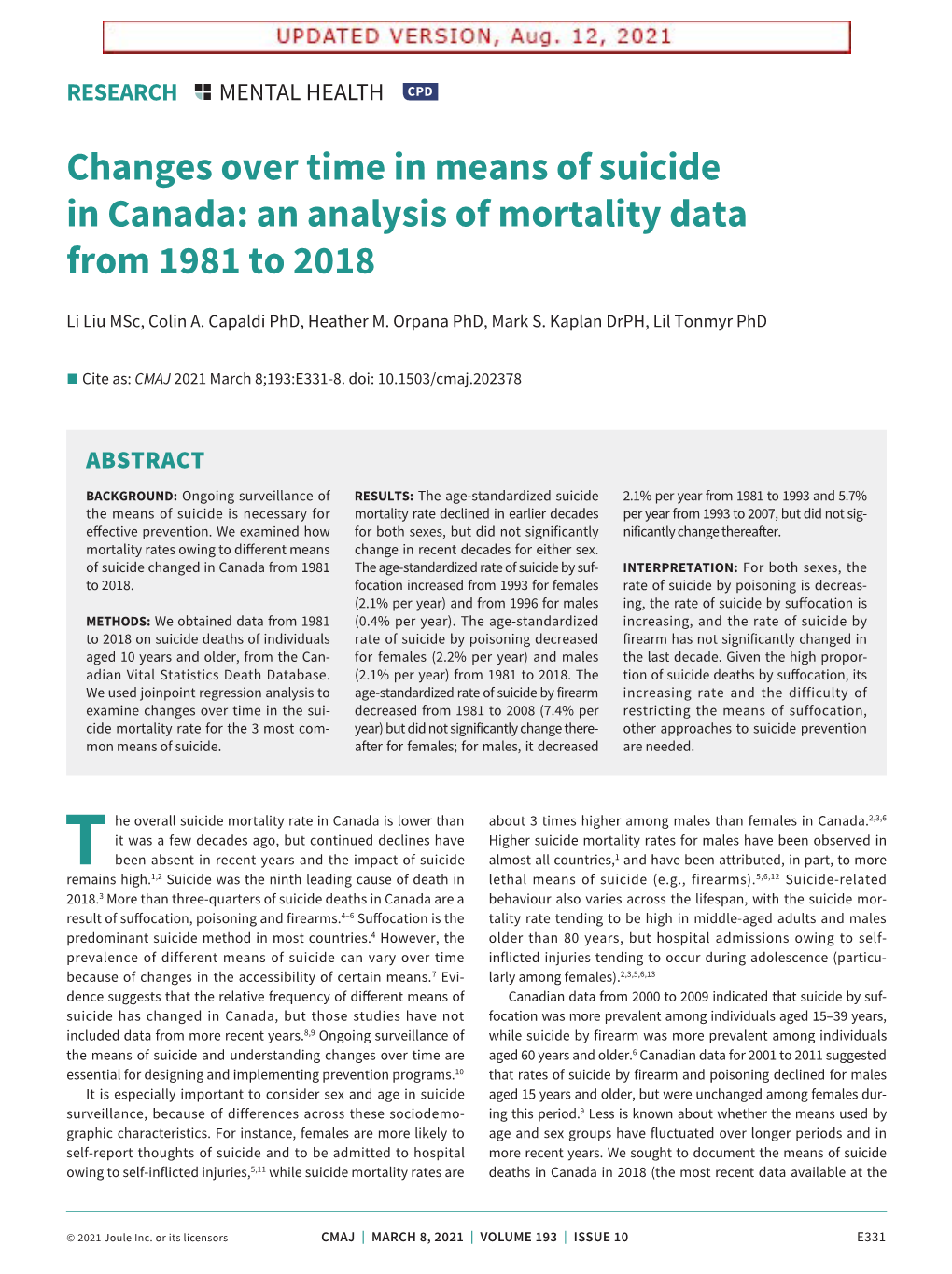 Changes Over Time in Means of Suicide in Canada: an Analysis of Mortality Data from 1981 to 2018