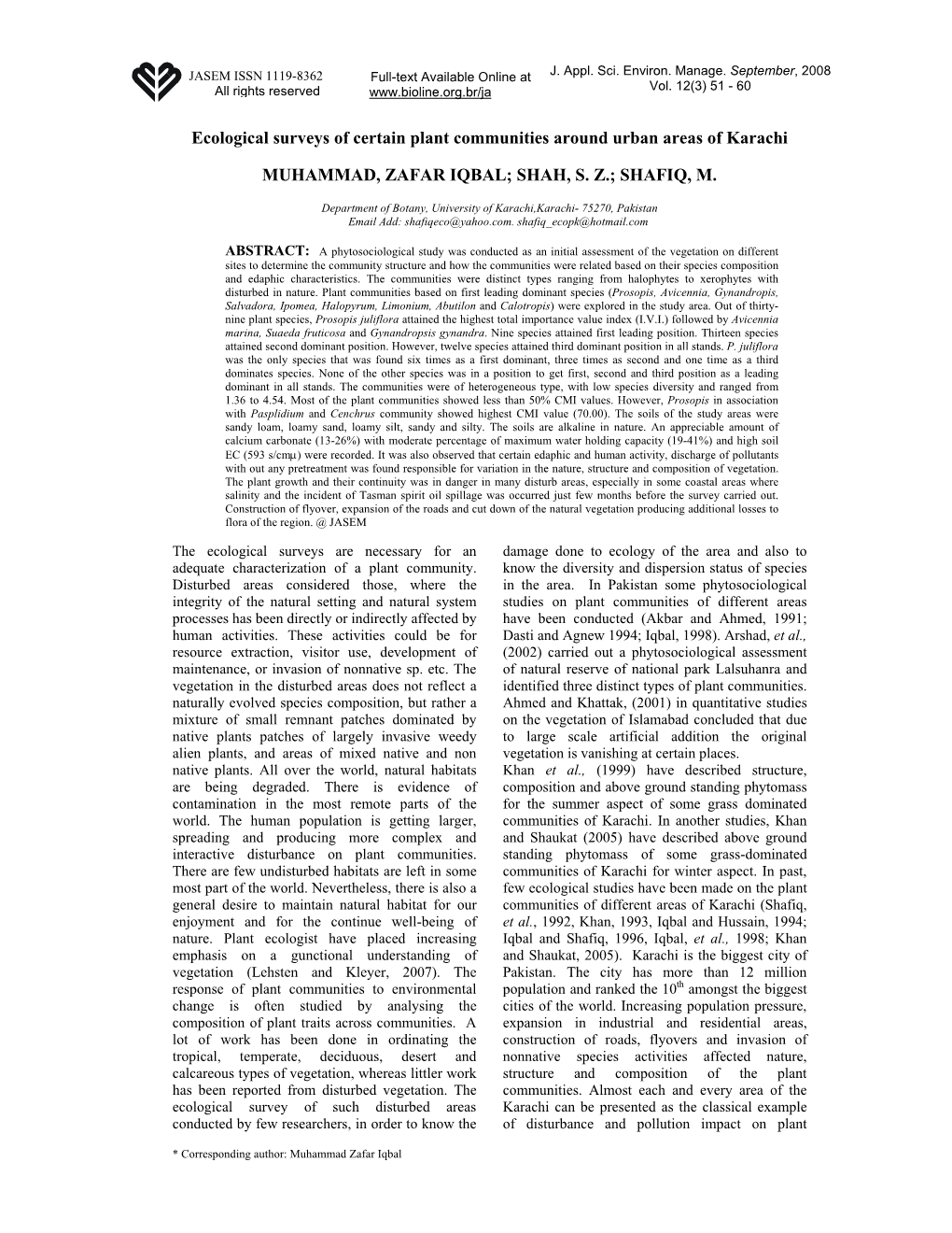 Ecological Surveys of Certain Plant Communities Around Urban Areas of Karachi