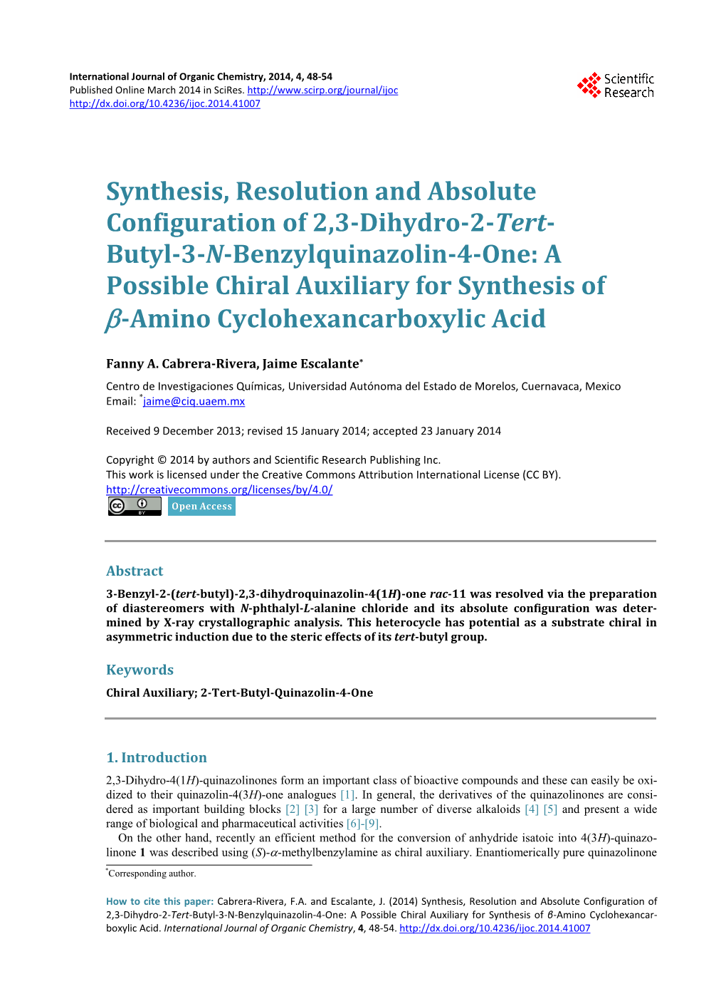 Synthesis, Resolution and Absolute Configuration of 2,3-Dihydro-2-Tert