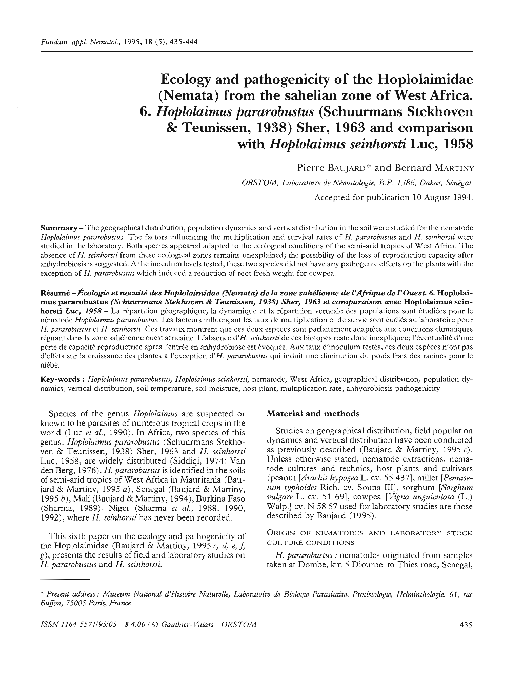 Ecology and Pathogenicity of the Hoplolaimidae (Nemata) from the Sahelian Zone of West Mrica