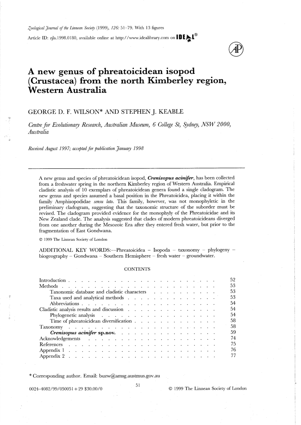 A New Genus of Phreatoicidean Isopod (Crustacea) from the North Kimberley Region, Western Australia