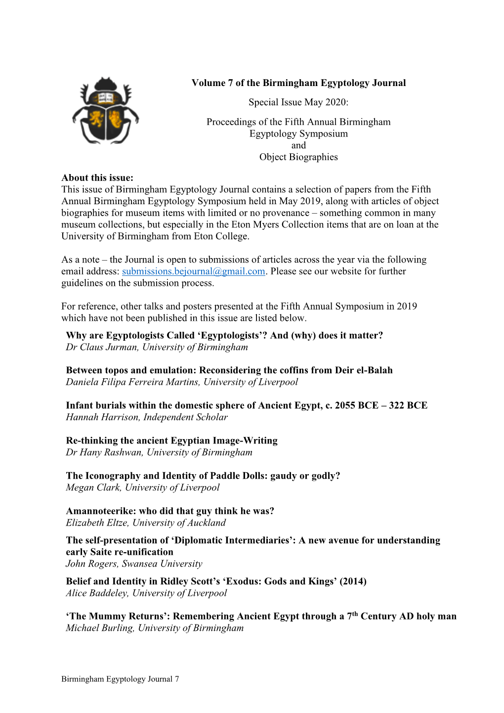 Proceedings of the Fifth Annual Birmingham Egyptology Symposium and Object Biographies