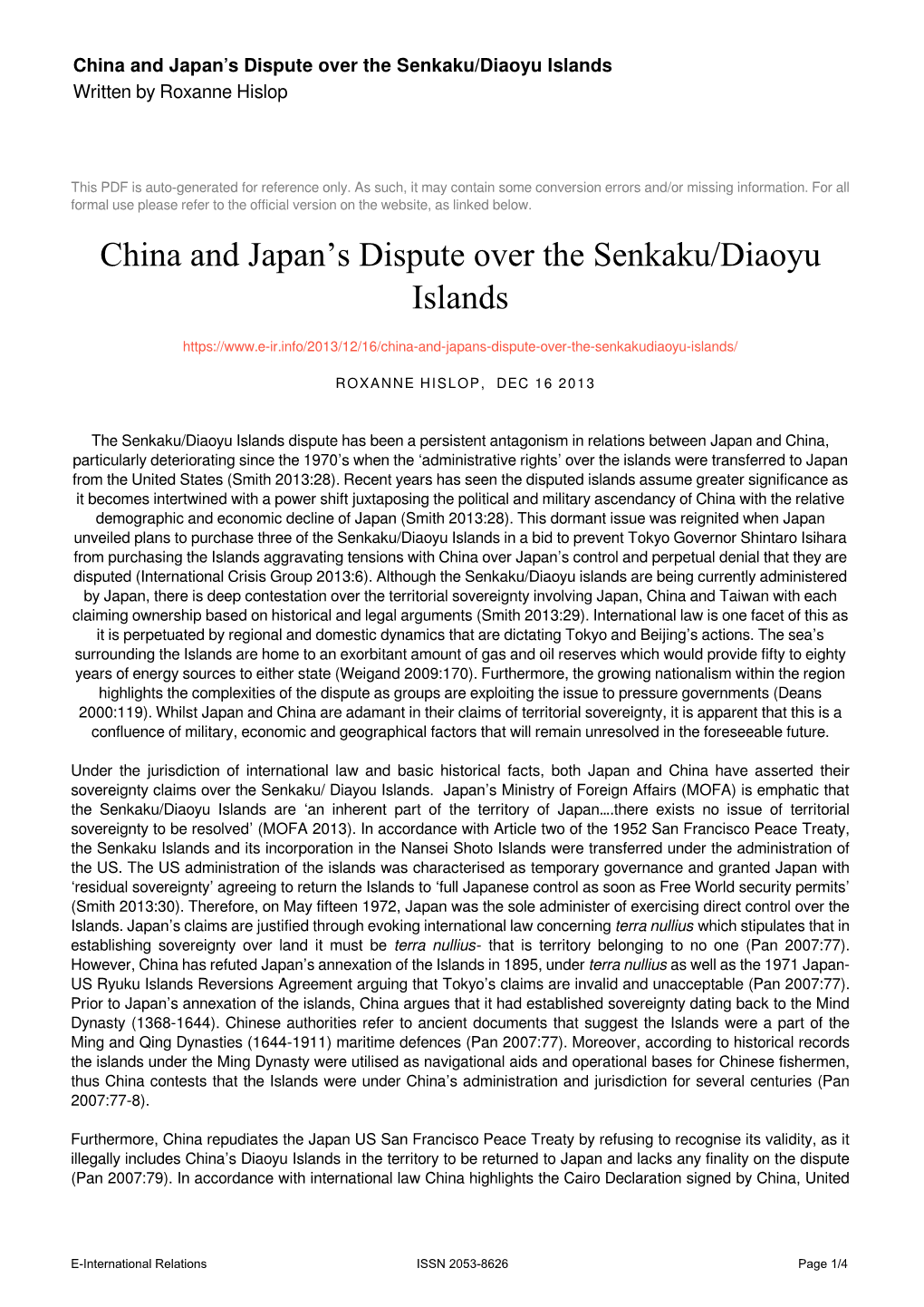 China and Japan's Dispute Over the Senkaku/Diaoyu Islands