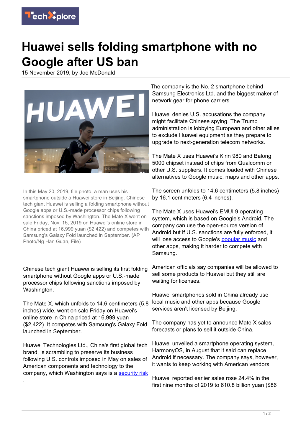 Huawei Sells Folding Smartphone with No Google After US Ban 15 November 2019, by Joe Mcdonald