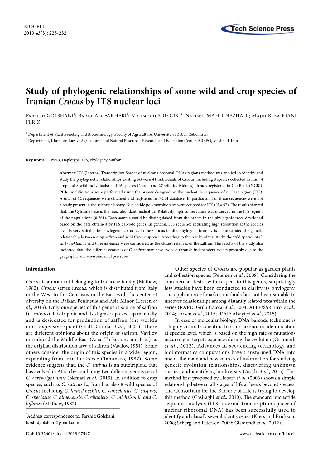 Study of Phylogenic Relationships of Some Wild and Crop Species of Iranian Crocus by ITS Nuclear Loci