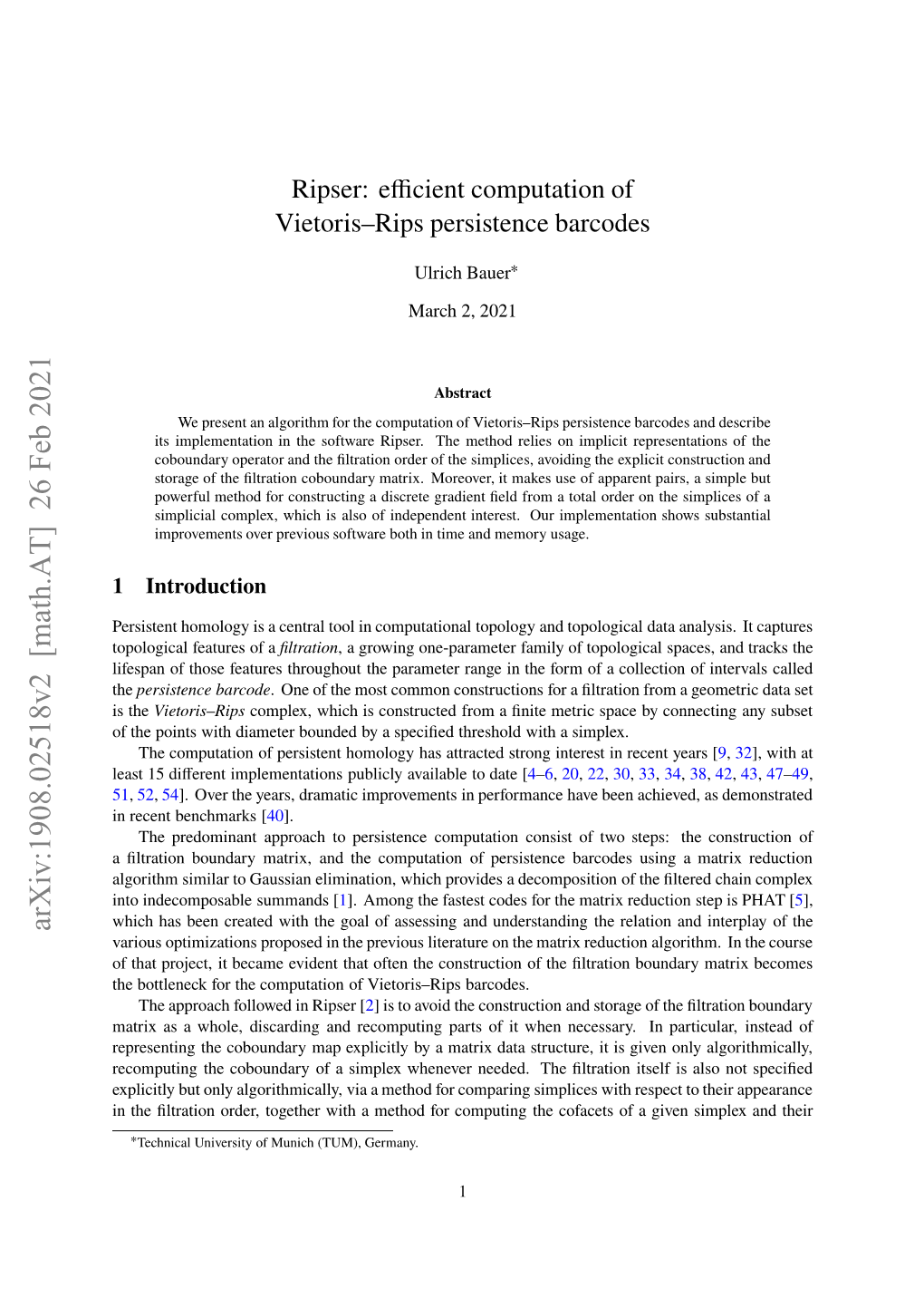 Ripser: Efficient Computation of Vietoris–Rips Persistence Barcodes
