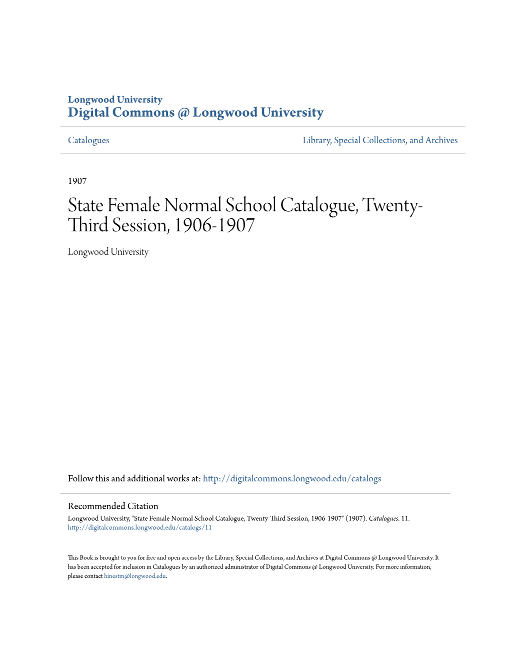 State Female Normal School Catalogue, Twenty-Third Session, 1906-1907