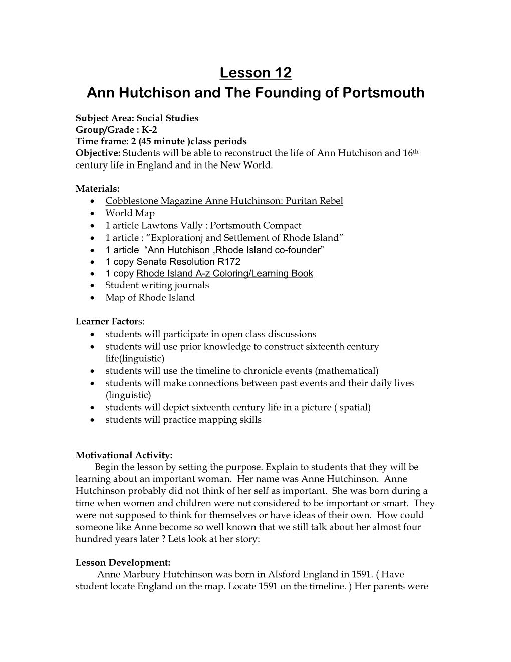 Lesson 12 Ann Hutchison and the Founding of Portsmouth