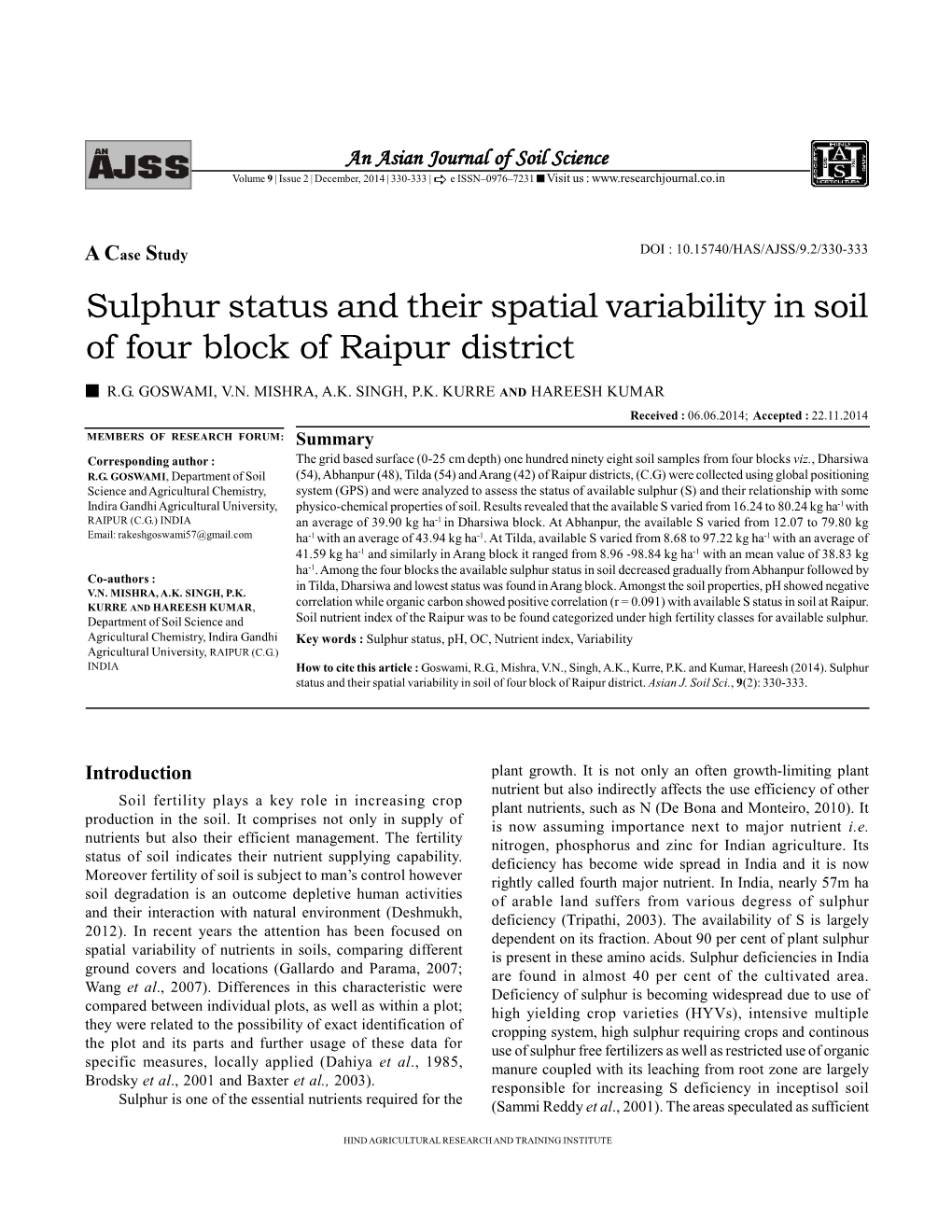 Sulphur Status and Their Spatial Variability in Soil of Four Block of Raipur District