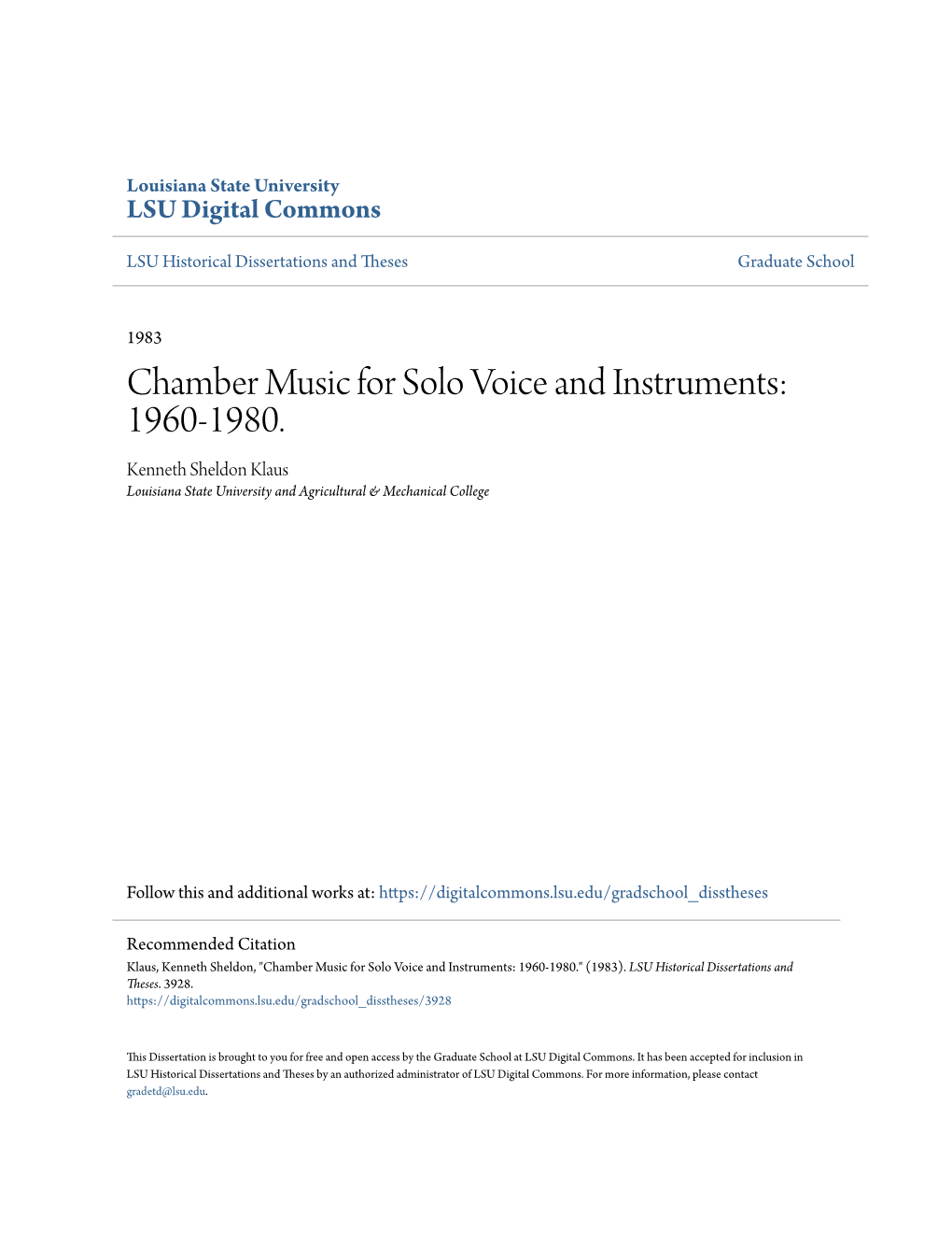 Chamber Music for Solo Voice and Instruments: 1960-1980