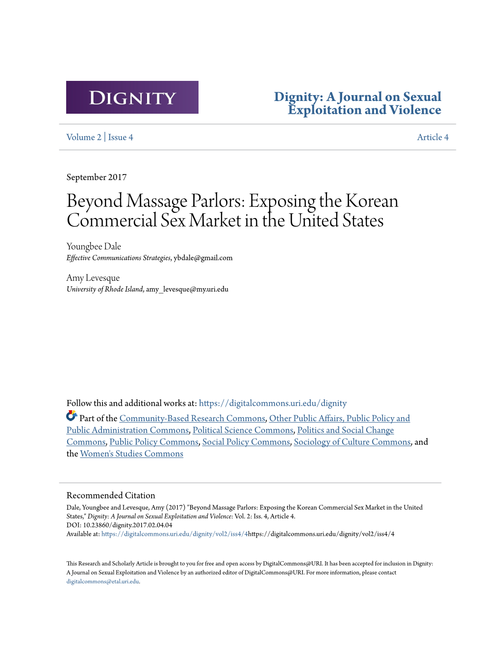 Beyond Massage Parlors: Exposing the Korean Commercial Sex Market in the United States Youngbee Dale Effective Communications Strategies, Ybdale@Gmail.Com