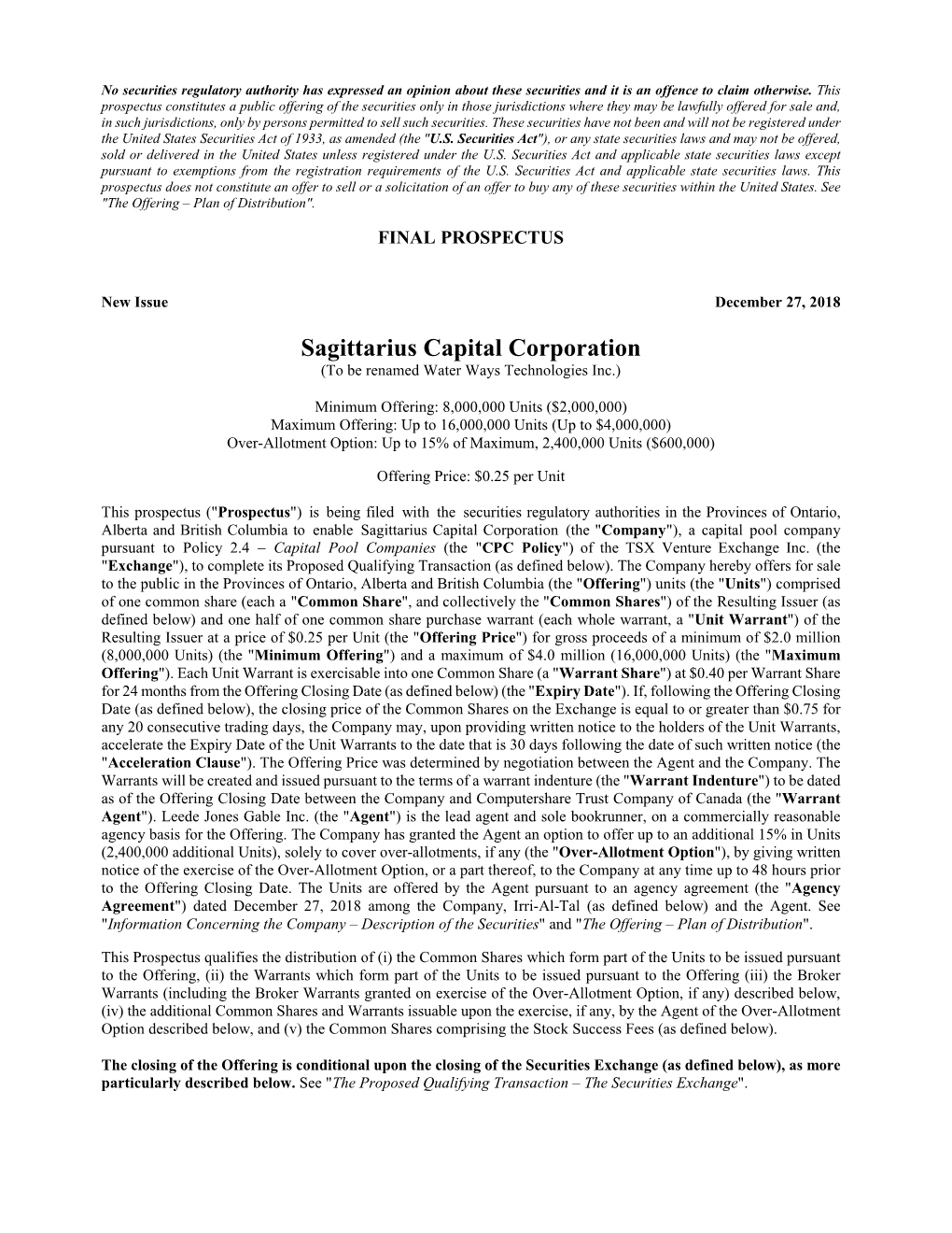 Sagittarius Capital Corporation (To Be Renamed Water Ways Technologies Inc.)