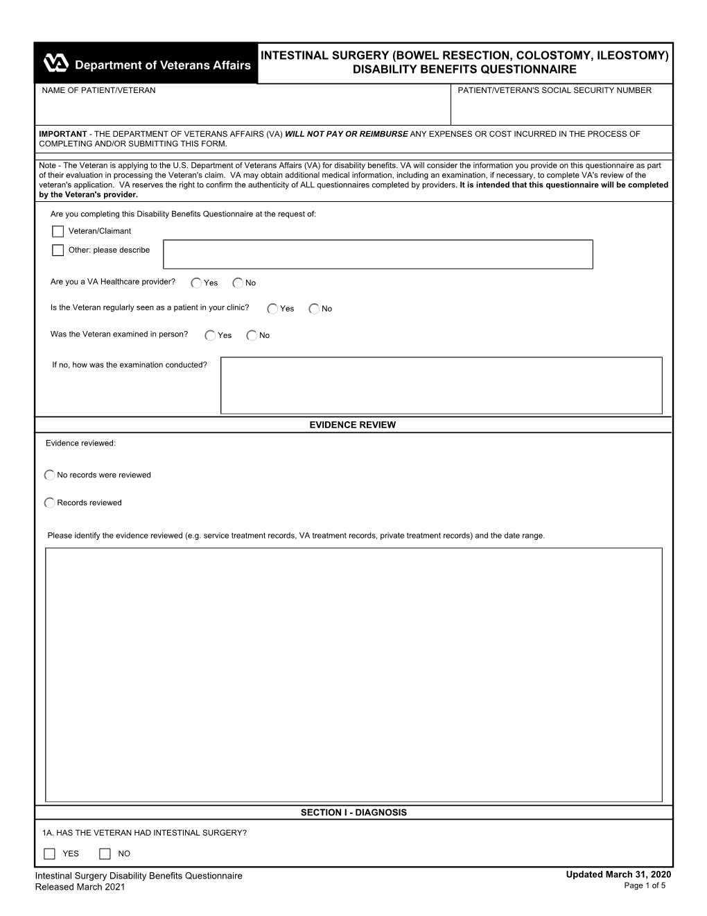 Intestinal Surgery (Bowel Resection, Colostomy, Ileostomy) Disability Benefits Questionnaire