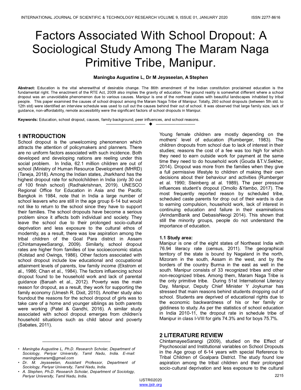 Factors Associated with School Dropout: a Sociological Study Among the Maram Naga Primitive Tribe, Manipur