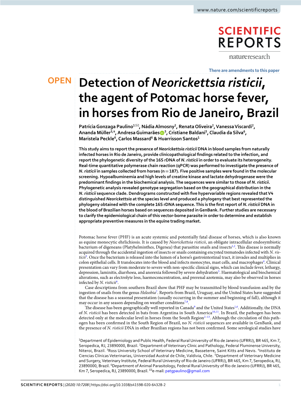 Detection of Neorickettsia Risticii, the Agent of Potomac Horse Fever, In