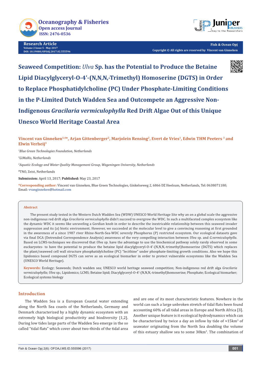 Ulva Sp. Has the Potential to Produce the Betaine Lipid Diacylglyceryl-O-4