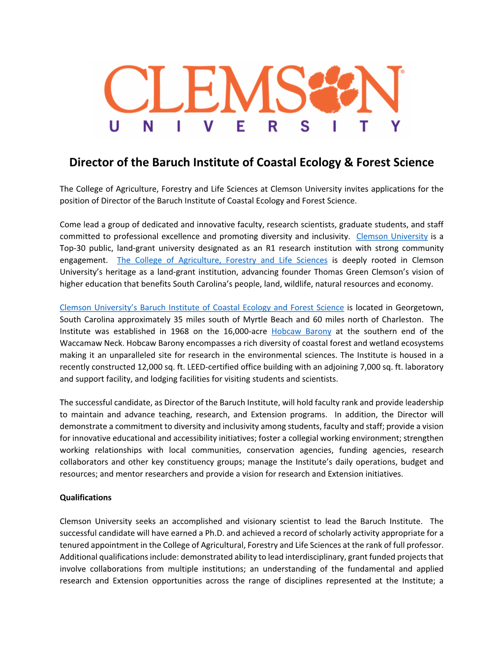 Baruch Director-Clemson University