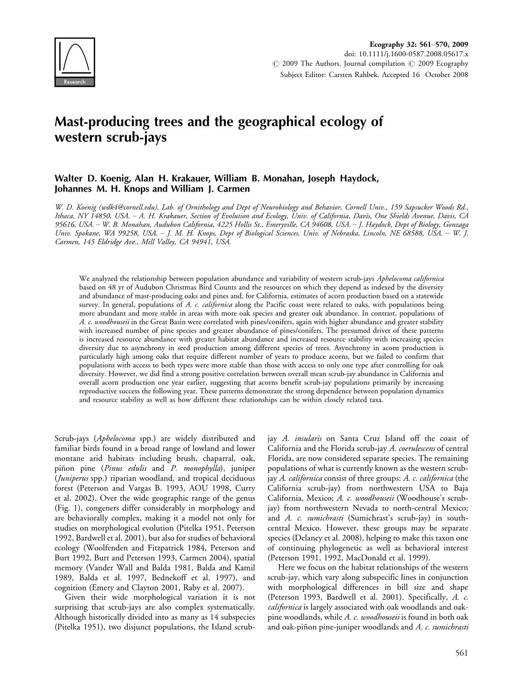 Mast-Producing Trees and the Geographical Ecology of Western Scrub-Jays