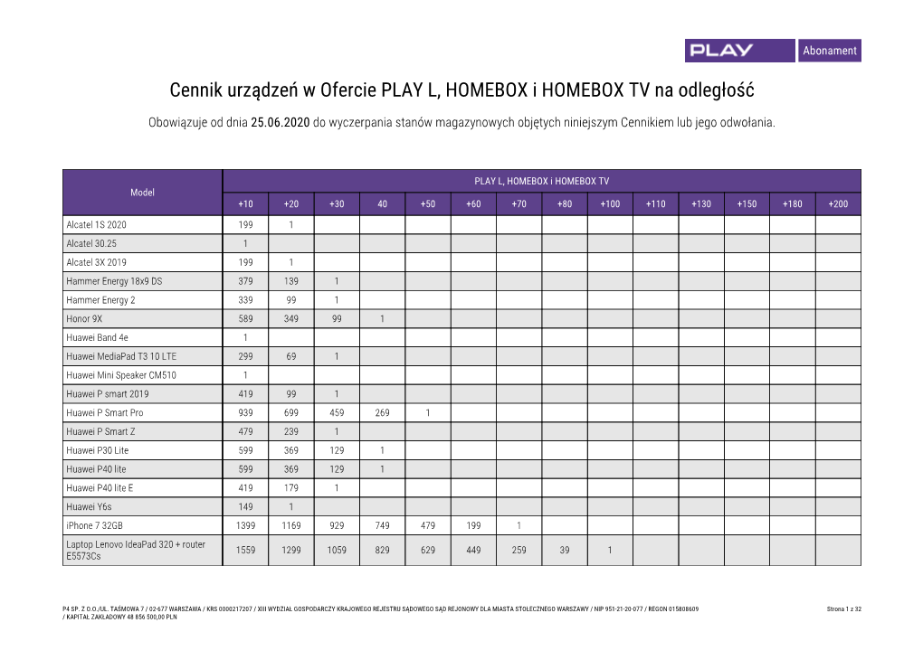 Cennik Urządzeń W Ofercie PLAY L, HOMEBOX I HOMEBOX TV Na Odległość