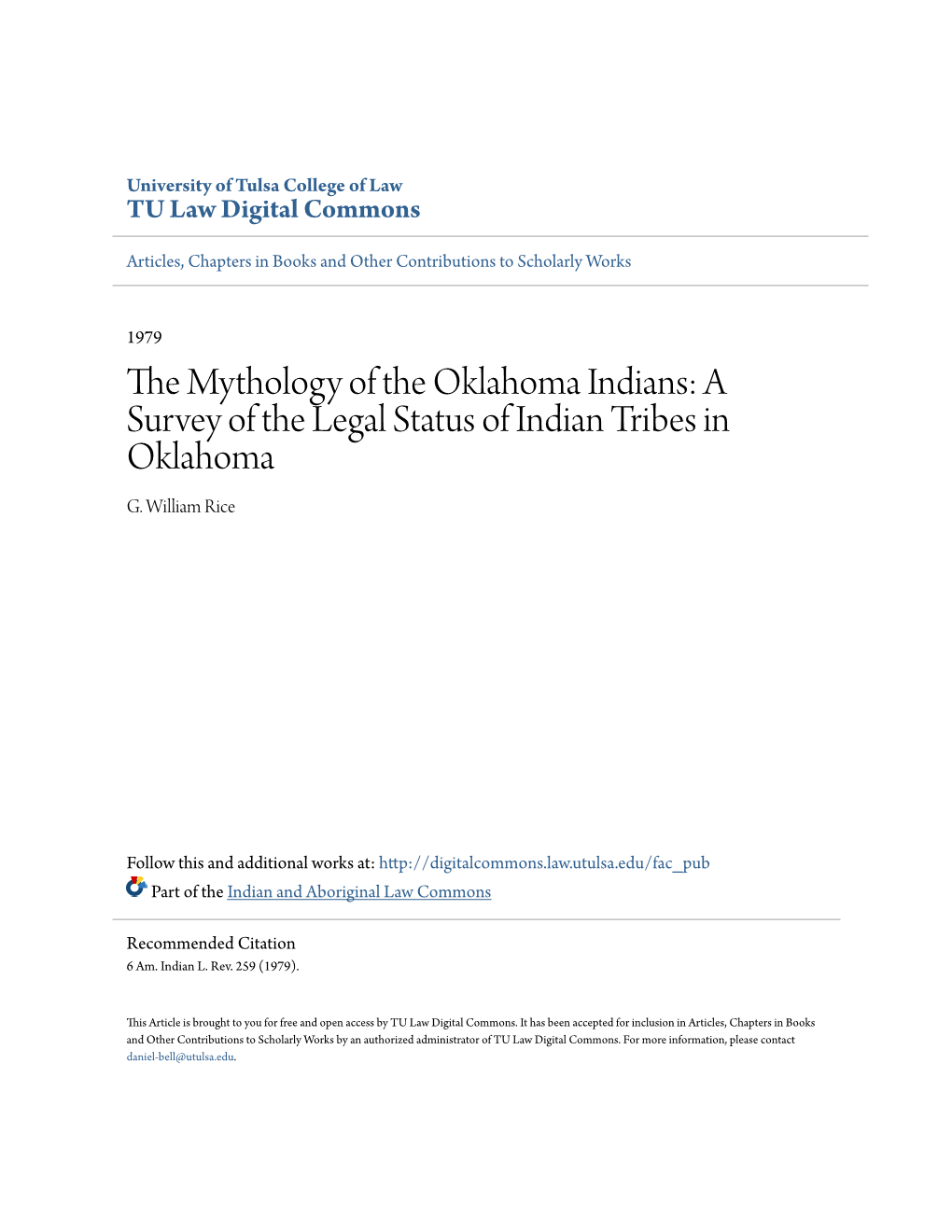 A Survey of the Legal Status of Indian Tribes in Oklahoma G