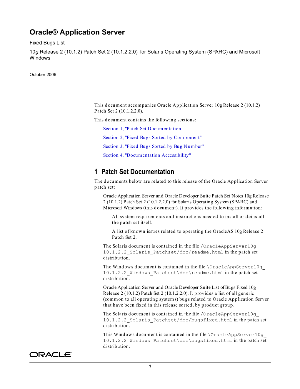 Oracle® Application Server 1 Patch Set Documentation
