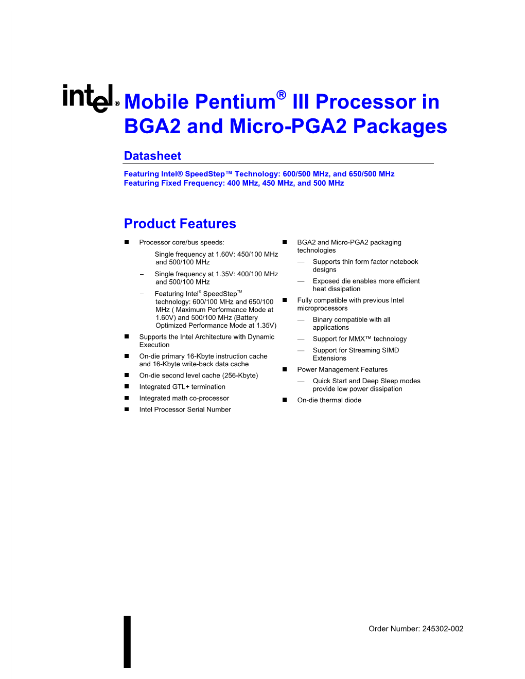 Mobile Pentium III Processor in BGA2 and Micro-PGA2 Packages Datasheet