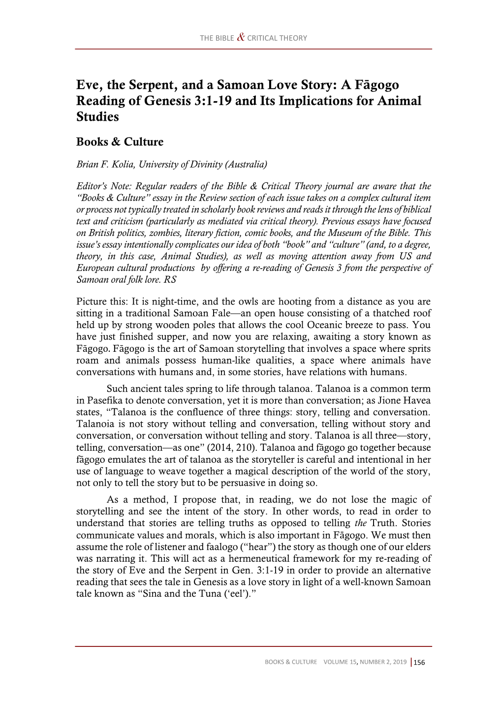 Eve, the Serpent, and a Samoan Love Story: a Fāgogo Reading of Genesis 3:1-19 and Its Implications for Animal Studies