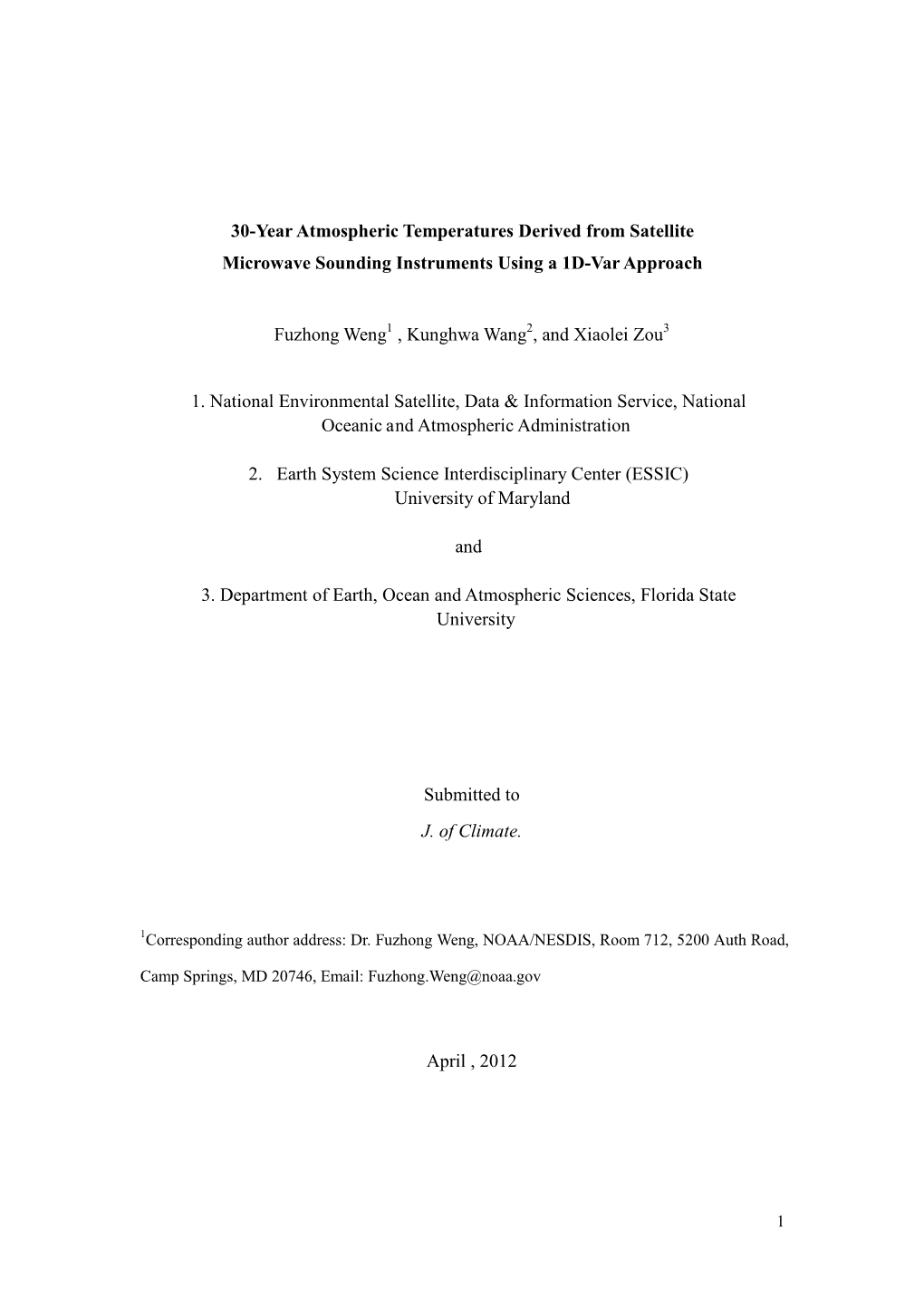 30-Year Atmospheric Temperatures Derived from Satellite Microwave Sounding Instruments Using a 1D-Var Approach