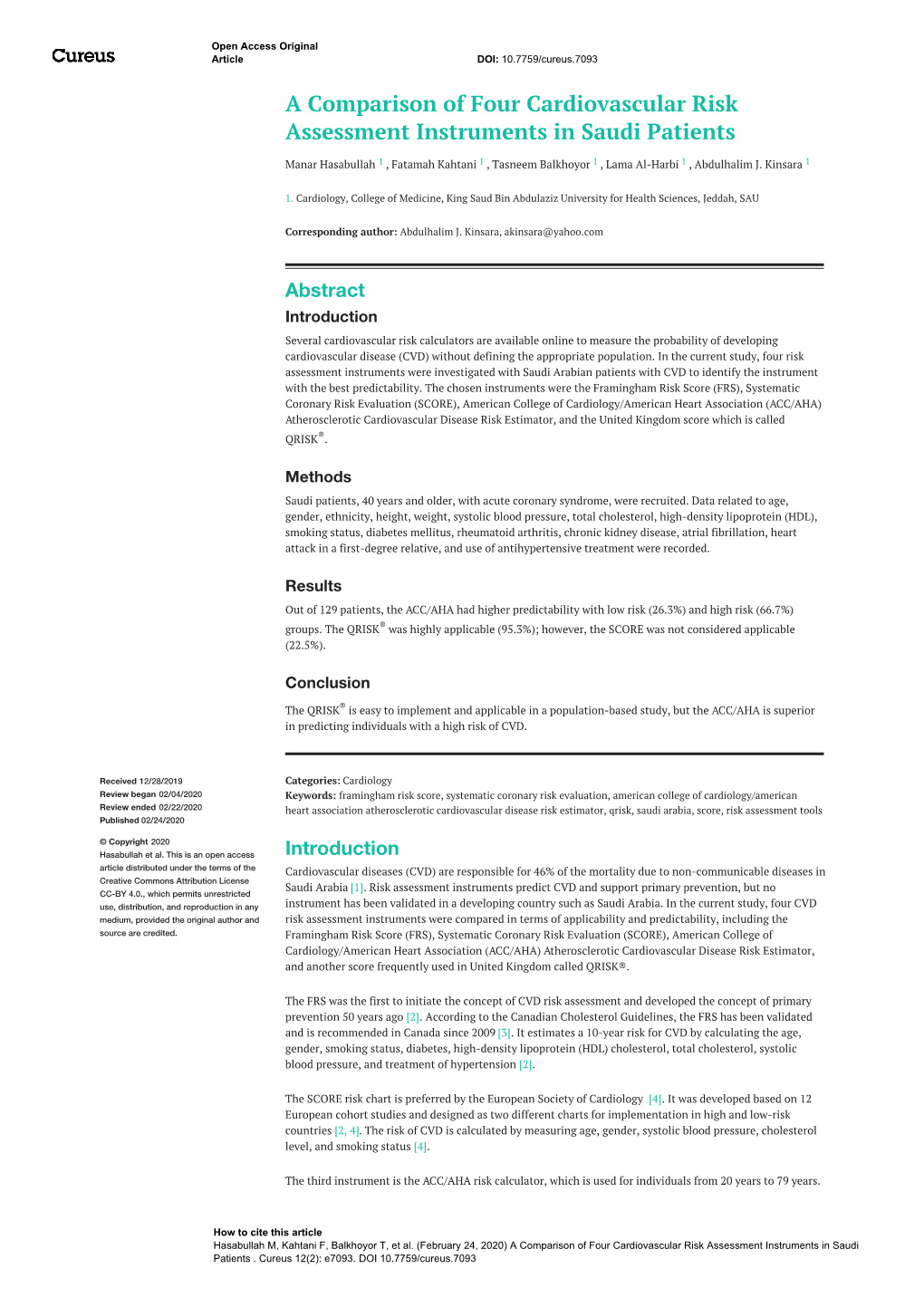 A Comparison of Four Cardiovascular Risk Assessment Instruments in Saudi Patients