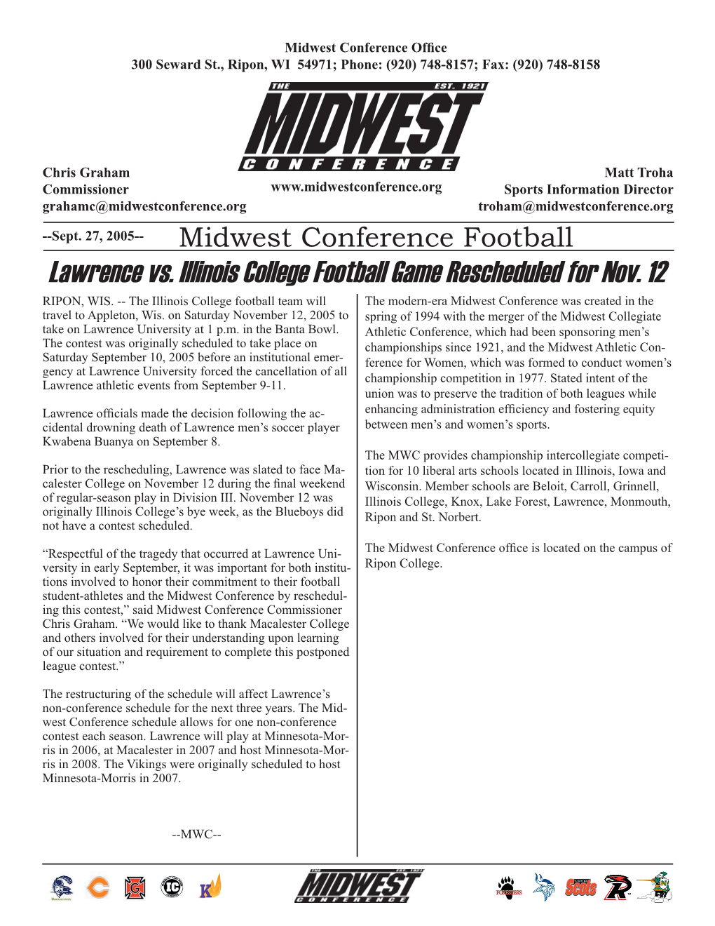 Lawrence Vs. Illinois College Football Game Rescheduled for Nov. 12 RIPON, WIS
