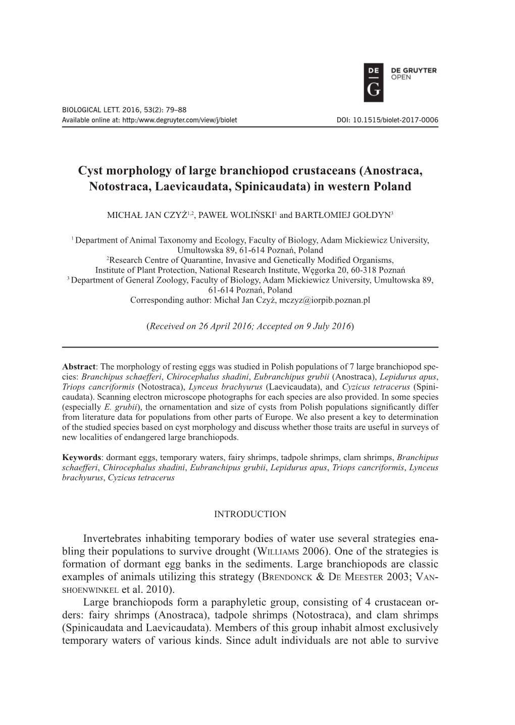 Cyst Morphology of Large Branchiopod Crustaceans (Anostraca, Notostraca, Laevicaudata, Spinicaudata) in Western Poland