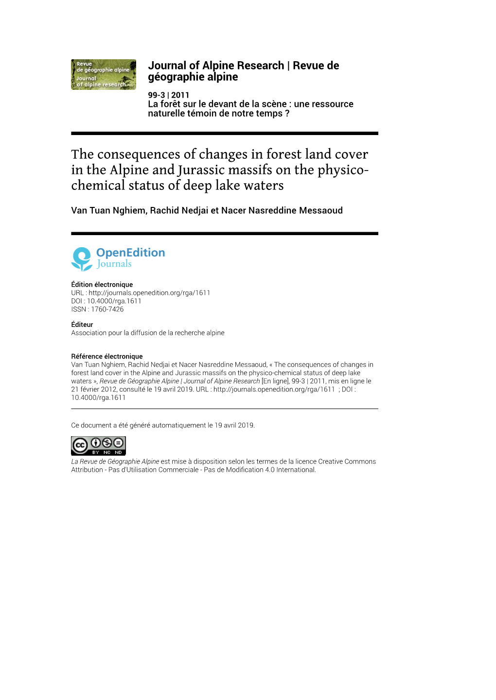 Journal of Alpine Research | Revue De Géographie Alpine, 99-3 | 2011 the Consequences of Changes in Forest Land Cover in the Alpine and Jurassic M