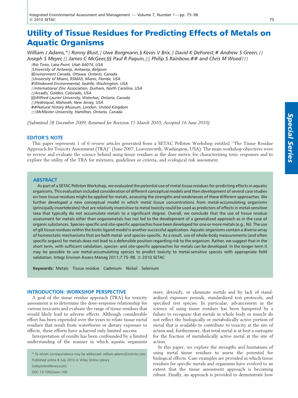 Utility of Tissue Residues for Predicting Effects of Metals On