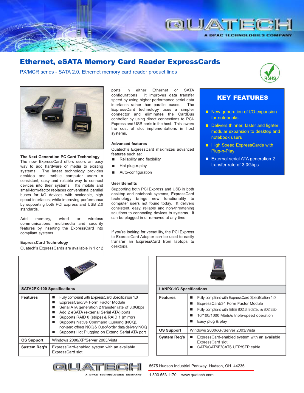 Ethernet, Esata Memory Card Reader Expresscards PX/MCR Series - SATA 2.0, Ethernet Memory Card Reader Product Lines