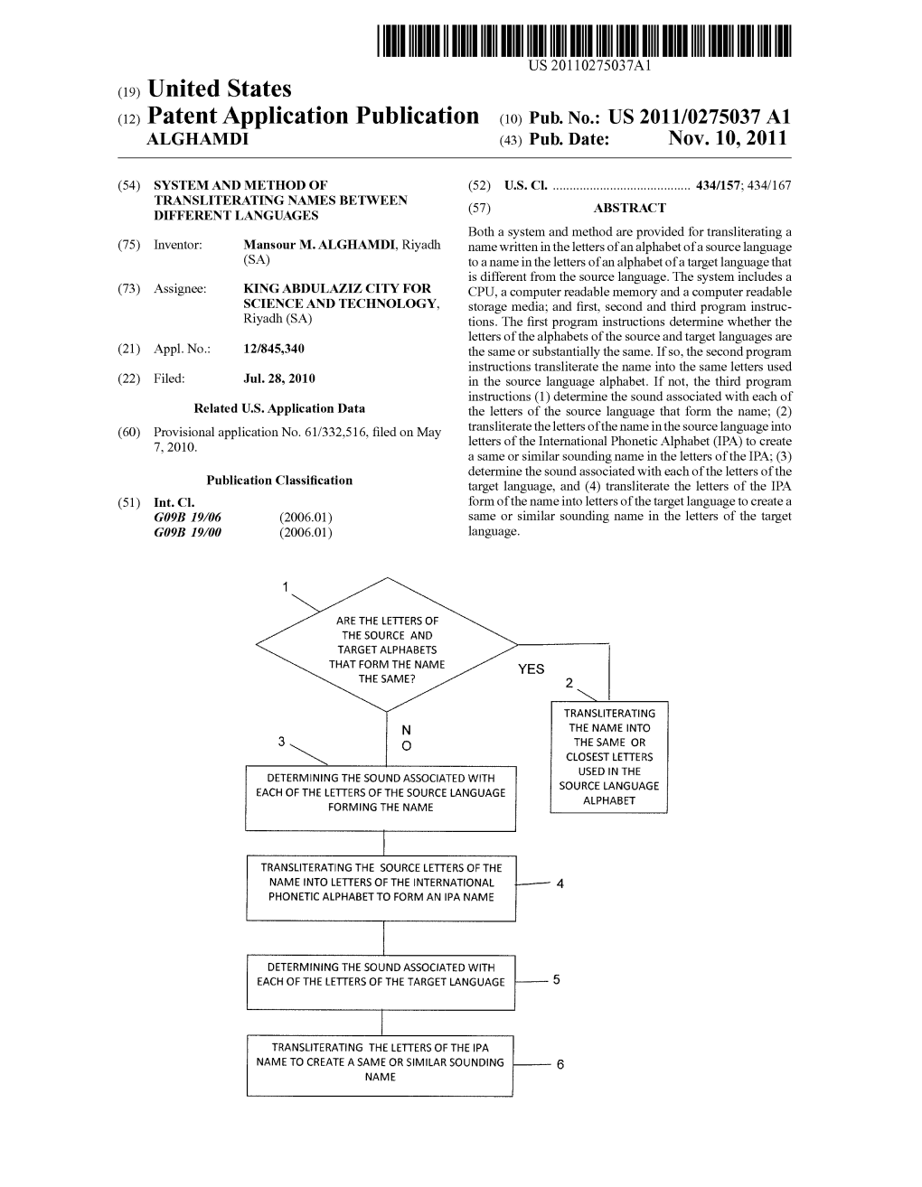 (12) Patent Application Publication (10) Pub. No.: US 2011/0275037 A1 ALGHAMD (43) Pub