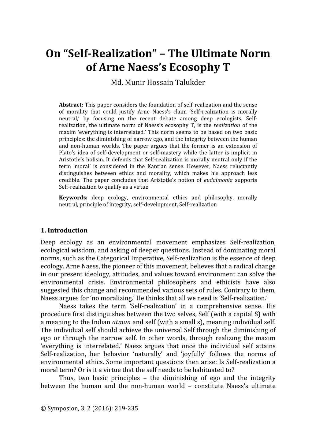 On “Self-Realization” – the Ultimate Norm of Arne Naess's Ecosophy T