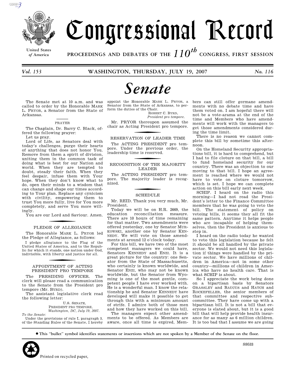 Congressional Record United States Th of America PROCEEDINGS and DEBATES of the 110 CONGRESS, FIRST SESSION