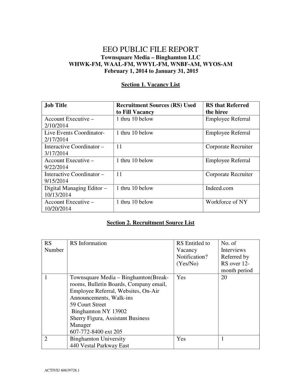 EEO PUBLIC FILE REPORT Townsquare Media – Binghamton LLC WHWK-FM, WAAL-FM, WWYL-FM, WNBF-AM, WYOS-AM February 1, 2014 to January 31, 2015