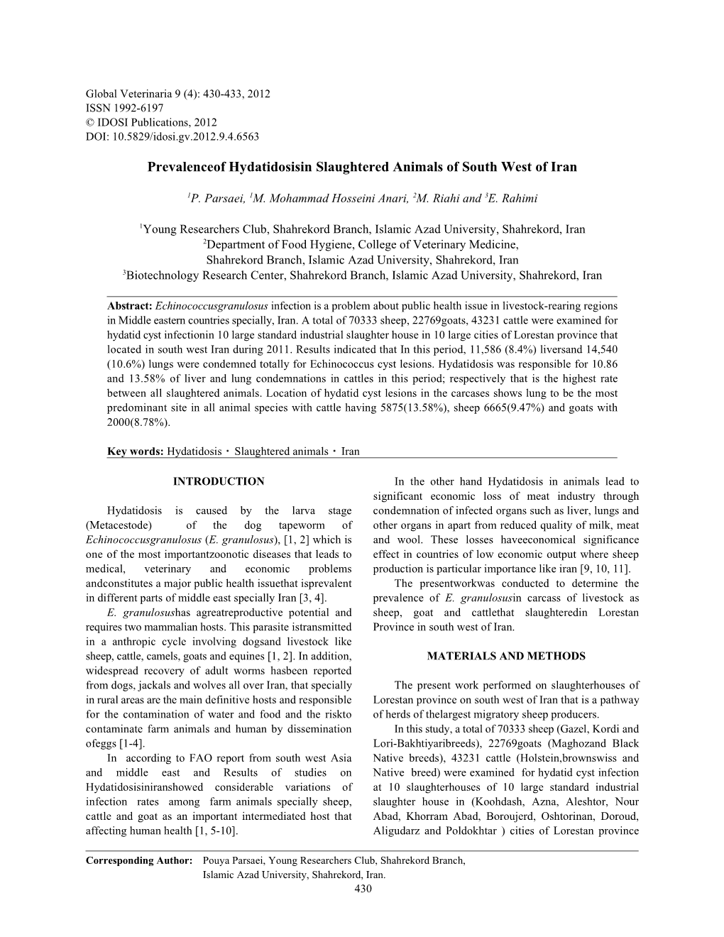 Prevalenceof Hydatidosisin Slaughtered Animals of South West of Iran