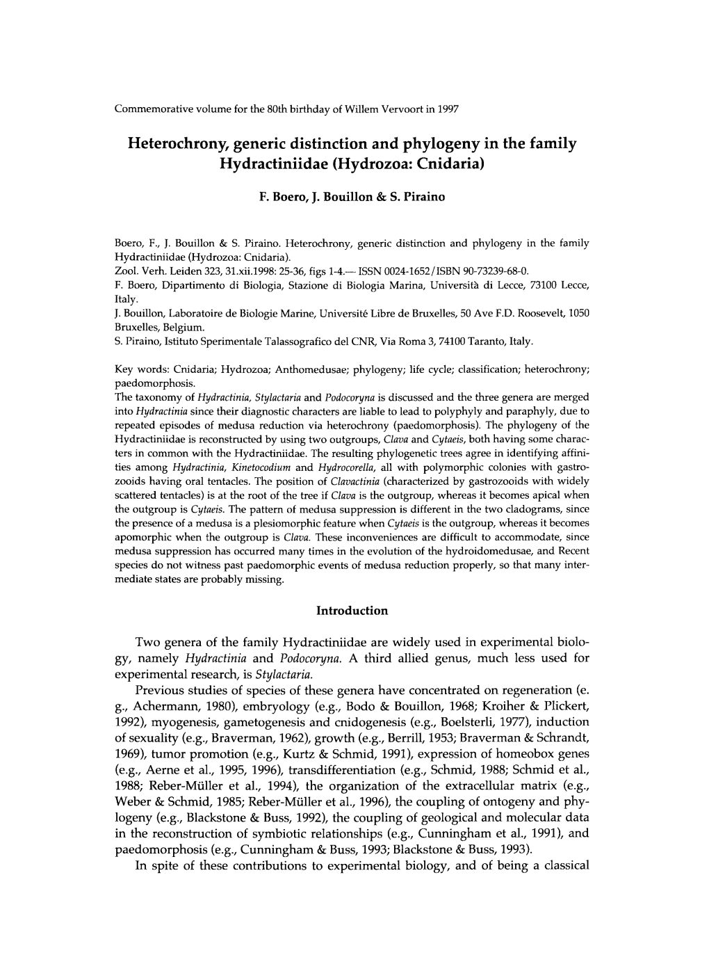 Heterochrony, Generic Distinction and Phylogeny in the Family Hydractiniidae (Hydrozoa: Cnidaria)