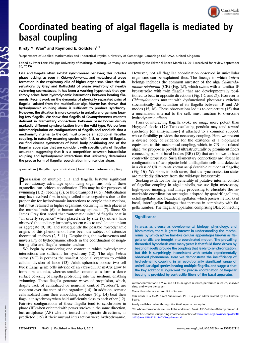 Coordinated Beating of Algal Flagella Is Mediated by Basal Coupling